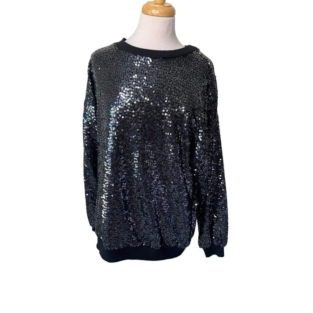 CHASER Cotton Fleece Allover Sequin Crewneck Pullover Size SMALL Oversized NWT